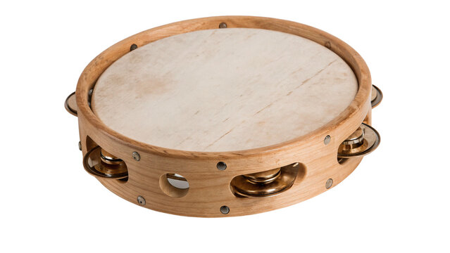 Traditional wooden rhythm tambourine percussion musical instrument isolated on a transparent background