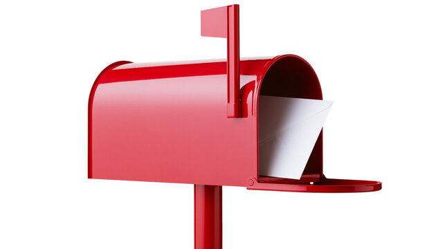 Red metal mailbox with flag and paper, isolated on transparent background