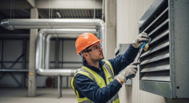 Industrial maintenance worker cleaning ventilation grille with brush and air hose in facility with duct pipes
