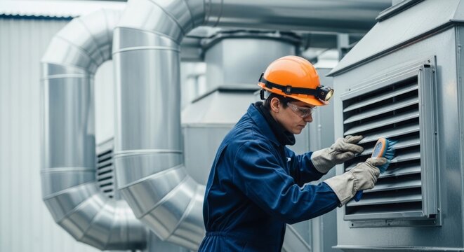 Industrial worker in hard hat cleans ventilation grille with brush, focusing on air quality and system maintenance