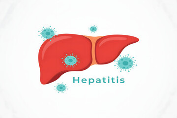 Naklejka premium Red human liver organ surrounded by blue virus particles with the text hepatitis written below on a plain white background