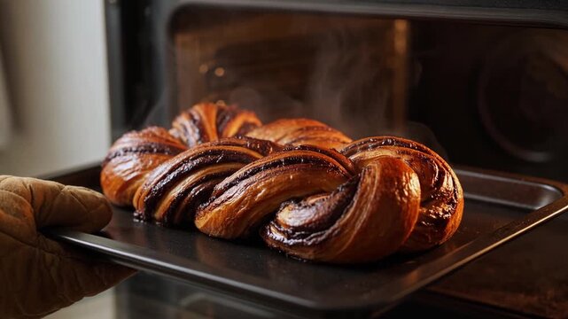 Delicious homemade chocolate babka on a baking sheet being taken out of a hot oven by a baker wearing an oven mitt. Steaming sweet bread with a beautiful golden brown crust