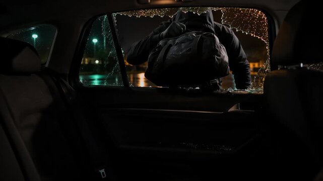 Criminal in a black hoodie and mask stealing a valuable bag from the back seat of a vehicle after smashing the window glass, viewed from inside the car on a dark city street at night