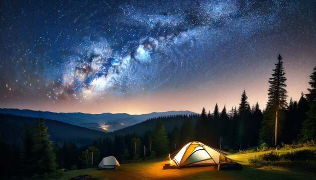 vast forest valley campsite under starlit sky with milky way glow astrophotography deep woods