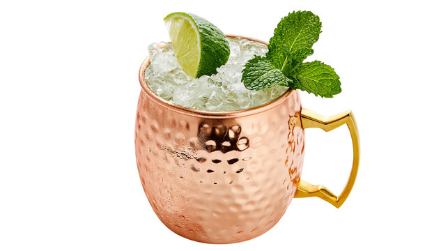 Hammered copper Moscow Mule mug with ice lime and mint, isolated on transparent background