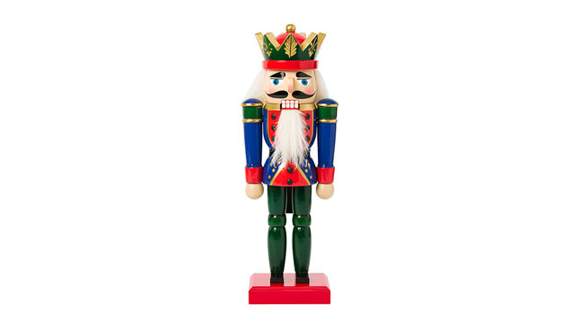 Colorful wooden nutcracker king figure with crown and beard, isolated on transparent background