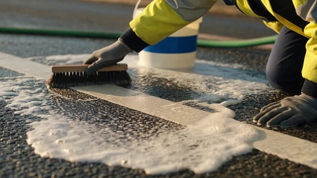 Professional cleaner in a high visibility jacket and gloves scrubbing a white road marking on the asphalt with a brush and soapy water to prepare the surface for repainting
