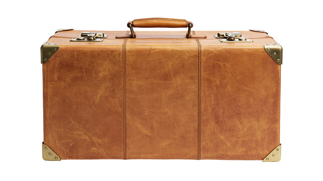 Vintage brown leather suitcase with brass hardware, isolated on transparent background
