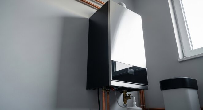 Modern wall-mounted gas boiler and water heater unit in clean utility room, representing efficient home heating technology