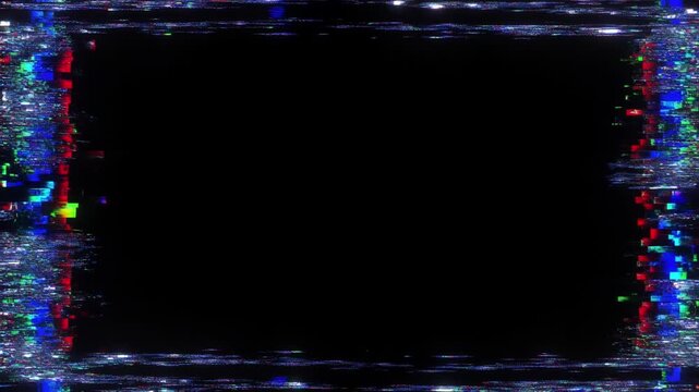 Abstract digital noise and pixelated glitch art framing a black background, creating a dynamic visual effect reminiscent of vhs tape distortion and signal interference for a modern, edgy overlay