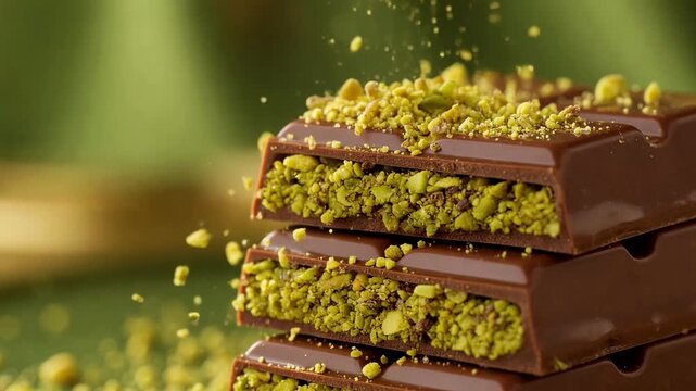 Close up view of crunchy pistachio grains falling in slow motion onto a stack of rich, milk chocolate bars filled with delicious green nut cream, creating a tempting and sweet dessert
