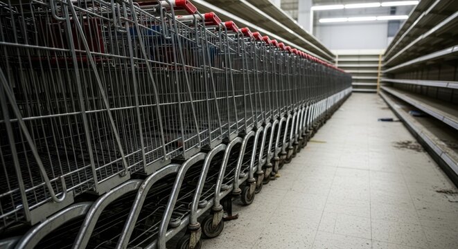 Row of empty metal shopping carts in a deserted supermarket aisle, symbolizing scarcity and economic downturn.