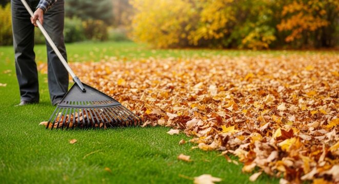 Person raking fallen autumn leaves from a vibrant green lawn, peaceful backyard scene