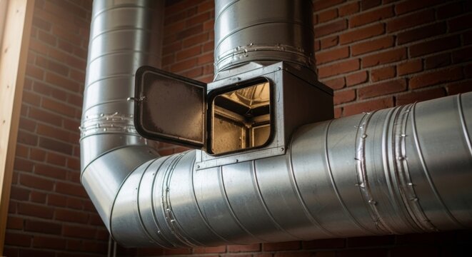 Chimney cleanout door open on metal duct pipe assembly against brick wall, home maintenance concept