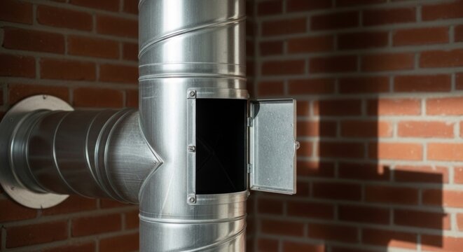 Chimney cleanout door open on metal duct pipe assembly against brick wall