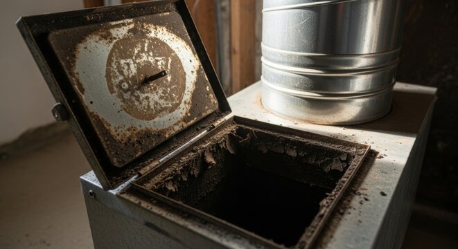 Open chimney cleanout hatch with soot and debris, revealing ventilation system for fireplace maintenance