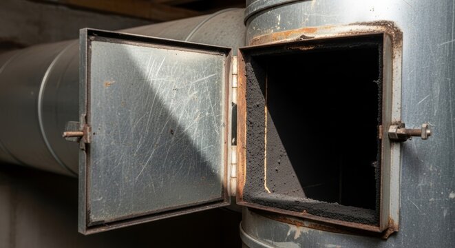 Open chimney cleanout door showing soot buildup on ventilation duct pipe assembly for fireplace maintenance
