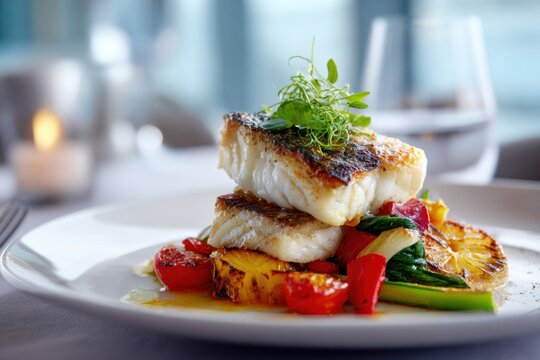 Gourmet seared fish fillets elegantly plated on a bed of grilled tropical fruit and fresh vegetables garnished with microgreens in a fine dining setting