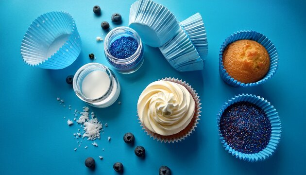 exploded view of cupcake ingredients on background blue frosting wrapper and cake
