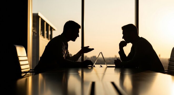 Two business silhouettes discussing strategy at a modern office desk during golden hour light, conveying collaboration and executive consultation.