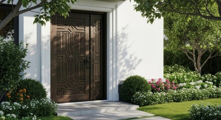 Fototapeta premium Luxurious Contemporary Home Entrance with Ornate Metal Door and Lush Garden Surroundings
