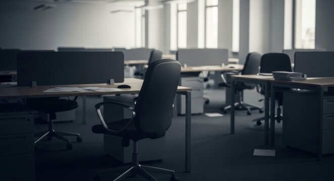Empty office with vacant desks and chairs, symbolizing downsizing and corporate restructuring