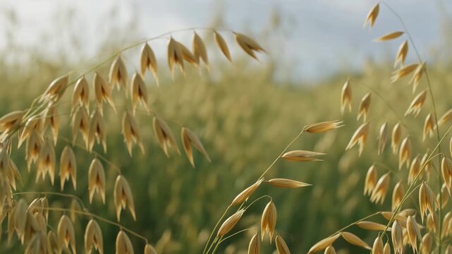 Close up of golden oat stalks gently swaying in the wind on a sunny day. The agricultural field with ripe cereals represents the concept of farming, harvest season, and food production