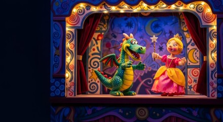 Fototapeta premium Puppet dragon and princess performing in a colorful, illuminated theater, entertaining children with a whimsical show