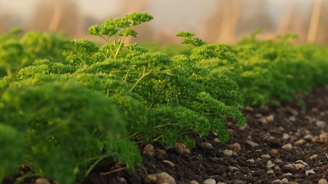 Beautiful row of fresh curly parsley growing in a vegetable garden with warm, golden light backlighting the lush, vibrant green leaves and creating a shallow depth of field effect