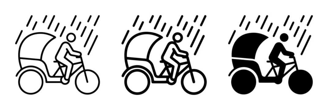 3 bicycle rickshaw silhouette icons in rain, solid black style, transportation