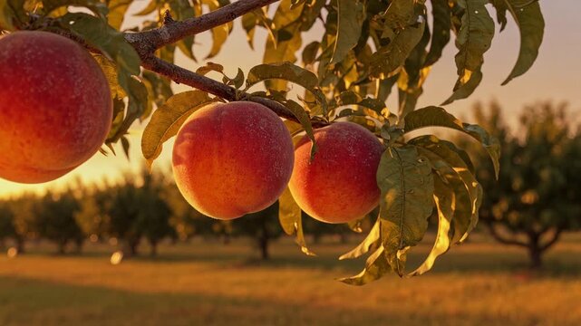Juicy peaches hanging on a tree branch, ripe for harvesting in a beautiful fruit orchard during a warm, golden sunset. The idyllic scene represents organic farming and healthy eating