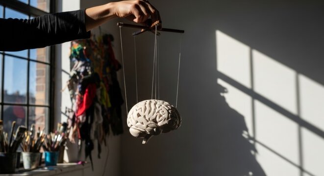 Artist's hand controls a brain marionette in a sunlit studio, symbolizing mind control and artistic expression