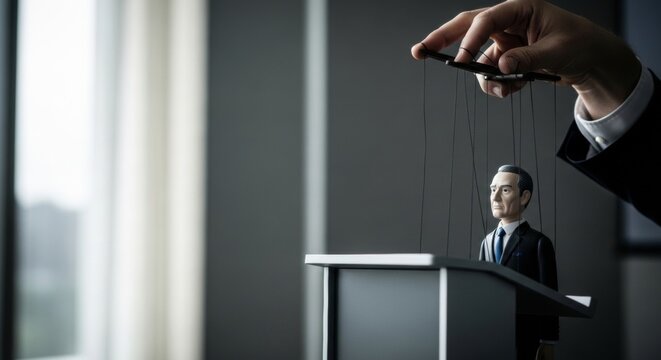 Manipulative hand controls politician puppet on podium, symbolizing corporate control and political corruption