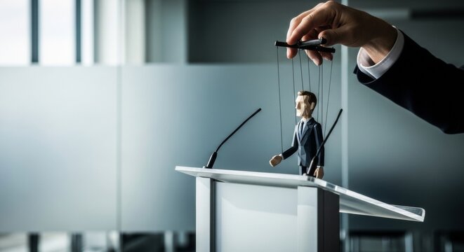Puppeteer's hand controlling politician marionette at podium, symbolizing political manipulation and corporate control