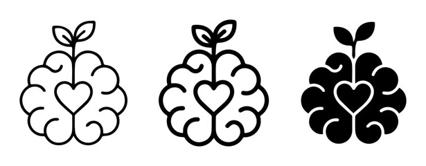 Fototapeta premium Brain heart sprout silhouette icons for education, mental health, growth concepts