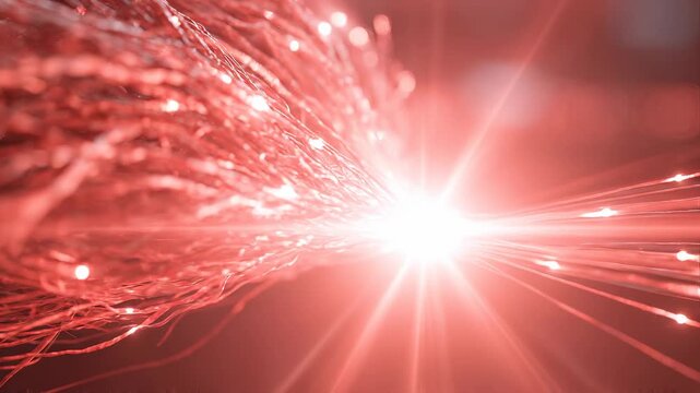 Abstract 3D render of tangled red biological fibers meeting in a bright burst of light on a dark background dramatic glow no people