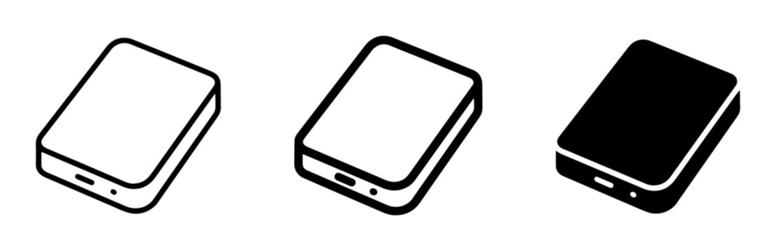 External hard drive silhouette icons set, portable storage, solid black style, technology