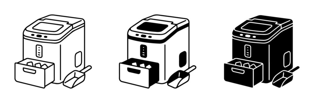 Portable ice maker silhouette icons with ice bin and scoop, kitchen appliance set, solid black style