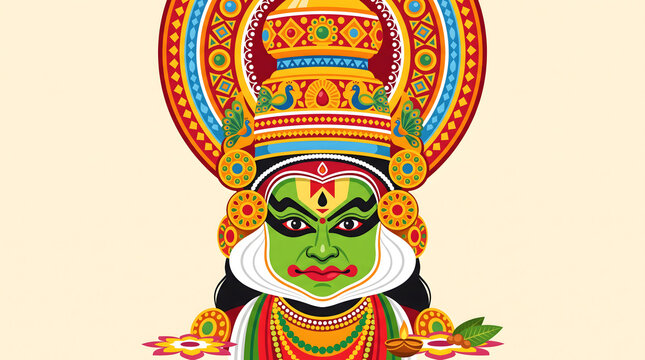 colorful flat vector kathakali illustration featuring ornate golden crown green face paint and floral garland