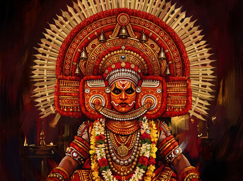 majestic theyyam ritual performer portrait glowing under warm golden ceremonial headdress and vivid ornaments