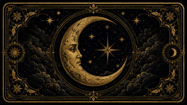 Vintage celestial tarot card design featuring anthropomorphic golden crescent moon face, twinkling stars, and ornate decorative borders in elegant mystical art style