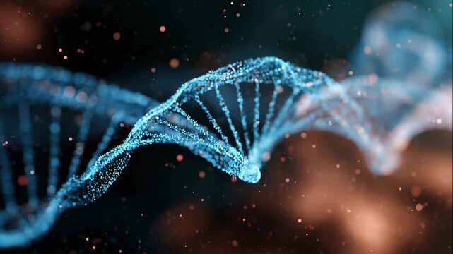 Glowing blue particle DNA helix flowing through dark space dotted with soft red and white light points gentle depth and shimmer no people