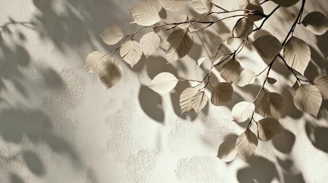 The image shows a minimalist, aesthetic scene featuring a delicate tree branch with small leaves casting soft shadows onto a textured, beige or cream-colored background
