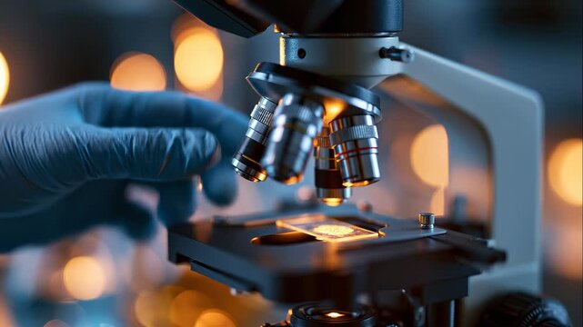 Macro of a research microscope with a faceless gloved hand adjusting a sample slide soft clean lab background and gentle reflections microscope