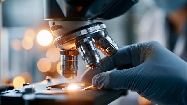 Macro of a research microscope with a faceless gloved hand adjusting a sample slide soft clean lab background and gentle reflections microscope