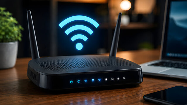 wireless router with wifi signal and laptop on desk
