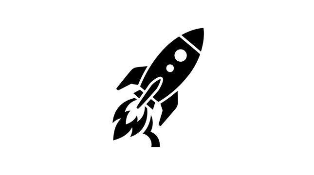 A sleek black rocket ship blasts off into the sky with flames and smoke.