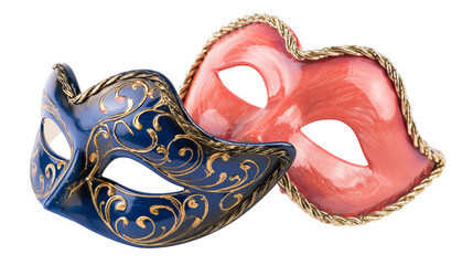 Ornate blue and red Venetian masks with gold trim, isolated on transparent background © Elena
