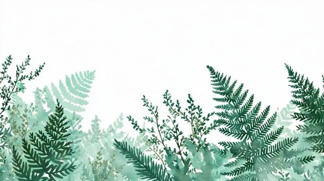 This image features a watercolor-style botanical border composed of various green ferns and delicate foliage arranged along the bottom edge against a plain white background