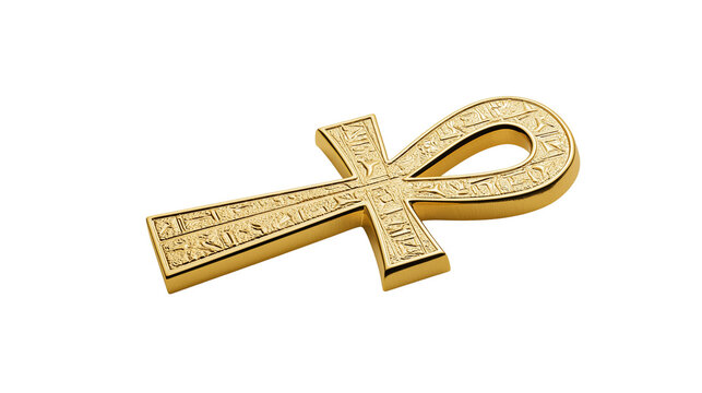 Golden ankh symbol with hieroglyphs, isolated on transparent background